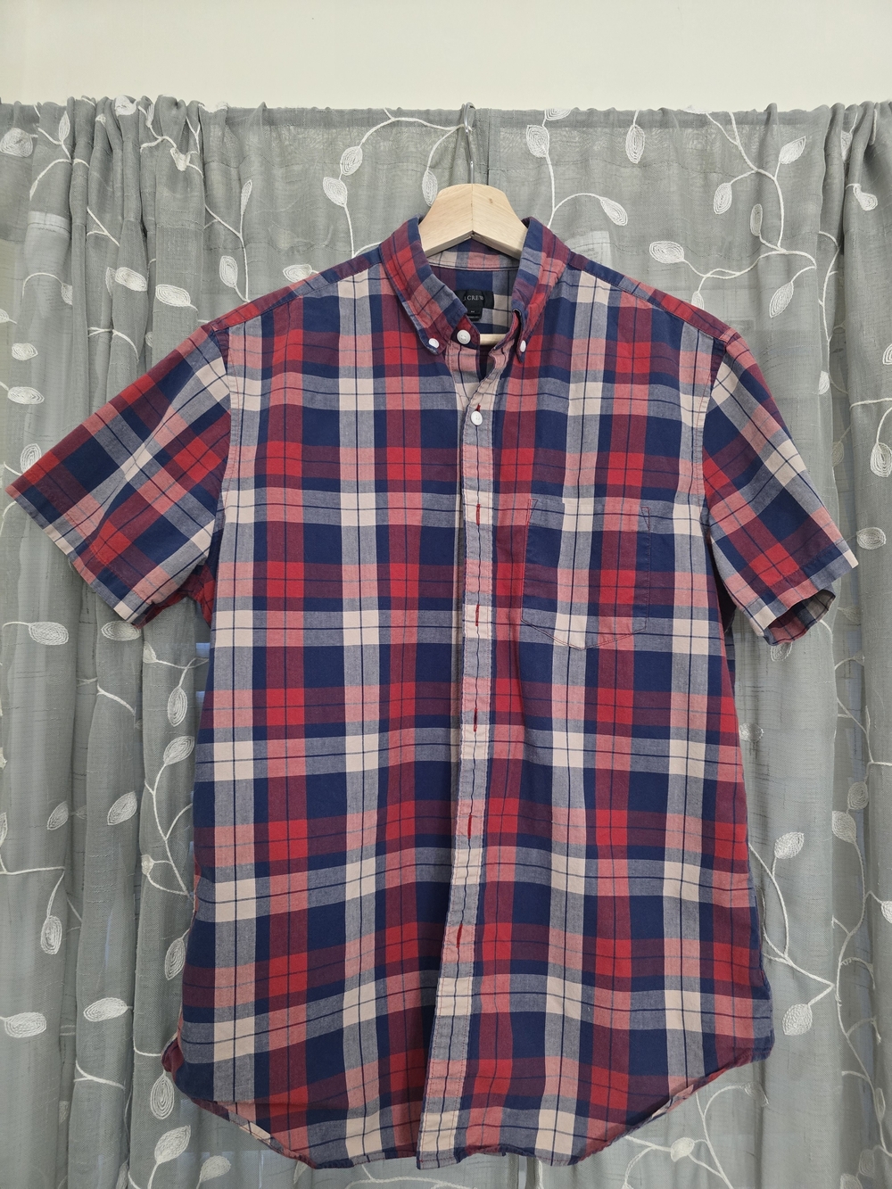 J. Crew Short-Sleeve Plaid Button-Down Shirt - Red, Blue & Cream